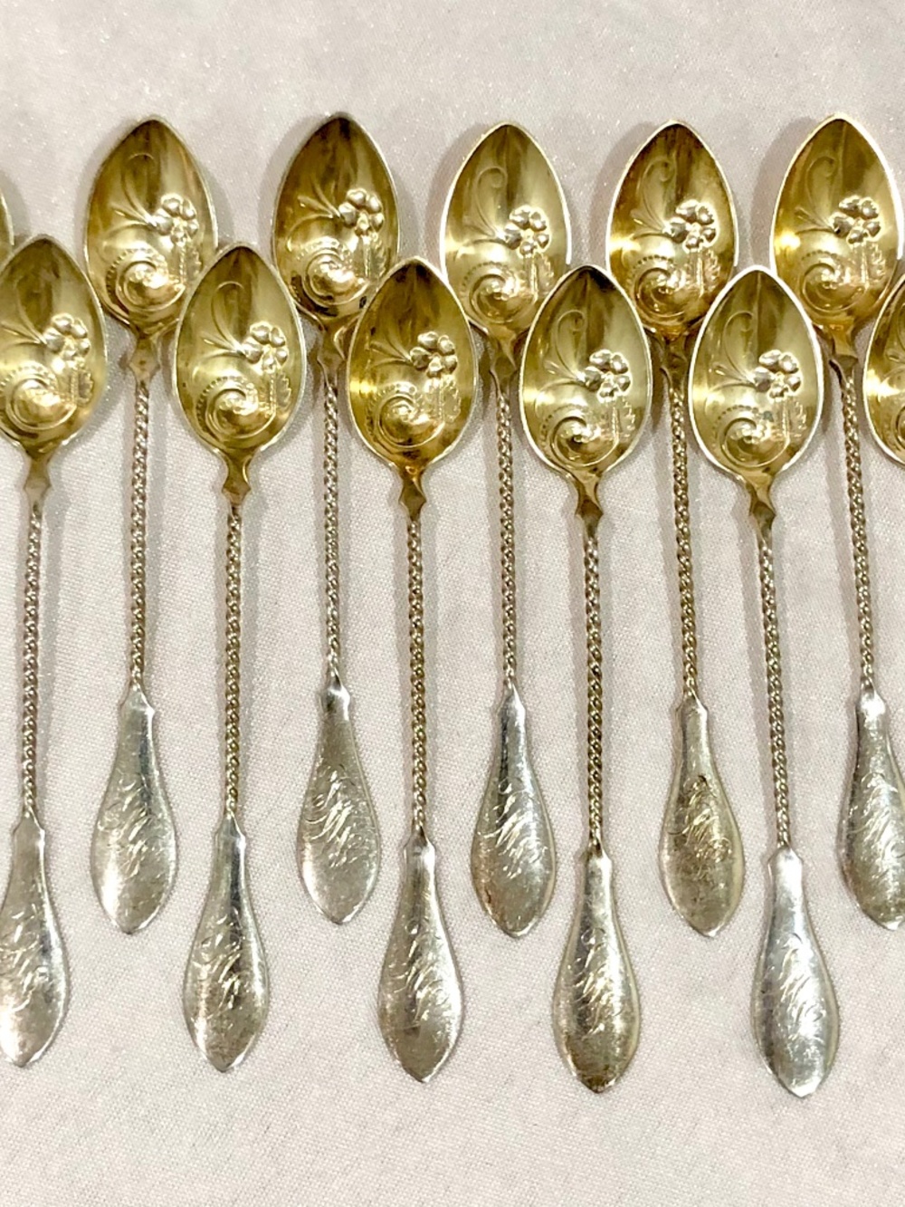 Antique 19th Century Gorham Sterling Silver Gilt Twisted Coffee Tea Spoons 6"